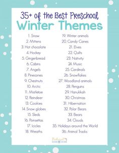 the best preschool winter themes list with snowflakes and words on it in blue