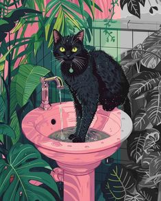 a black cat standing on top of a pink sink next to plants and greenery