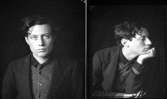 two black and white images of a man in a dark room with his hand on his chin