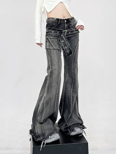 Infuse your wardrobe with a dash of rebellion with our Layered-Effect Denim Flare-Leg Jeans, complete with a grommet belt detail for that extra edge. Crafted from premium denim, these jeans are characterized by their layered look and skinny yet flared silhouette, promising to deliver both comfort and attitude. The intricate grommet belt detail not only accentuates the waist but also adds a unique, punk-inspired aesthetic that sets these jeans apart from the ordinary. Elevate your casual daywear Edgy Jeans For Alternative Fashion In Spring, Grunge Jeans For Alternative Fashion With Belt Loops, Edgy Spring Flare Jeans, Fitted Dark Wash Punk Jeans, Fitted Punk Jeans In Dark Wash, Punk Style Fitted Dark Wash Jeans, Punk Style Fitted Wide Leg Jeans, Alternative Style Jeans For Alternative Fashion, Edgy Denim Jeans