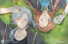 two anime characters laying in the grass