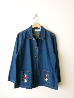 "Vintage Women's Denim/Snowman Embroidered Barn Chore Coat/Jean Jacket. Measurements Total Length          : 26\" Armpit to armpit  : 22\"  Armpit to end of sleeve : 17\"  Condition              : Gently used. There's no stains or holes. Good condition. ※Please read the policy before you purchase.※" Embroidered Dark Wash Winter Outerwear, Embroidered Dark Wash Outerwear For Winter, Winter Embroidered Dark Wash Denim Jacket, Chore Coat, Jean Coat, Denim Women, Jean Jacket, Vintage Ladies, Jackets For Women