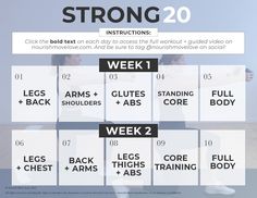 a poster with instructions on how to do strong squats for the week long workout