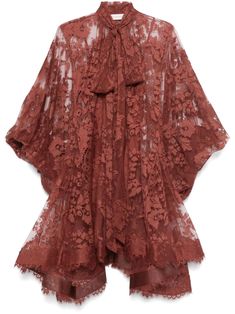 rust red cotton blend Chantilly lace V-neck self-tie fastening long puff sleeves flared internal slip dress asymmetric hem thigh-length Chloe 2025 Spring, Lace Runway, Lace Kaftan, Madrid Fashion, Australian Swimwear, Mini Dress Red, Boho Chic Design, Boho Chic Dress, Chantilly Lace