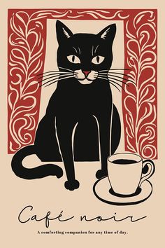 a black cat sitting next to a cup of coffee