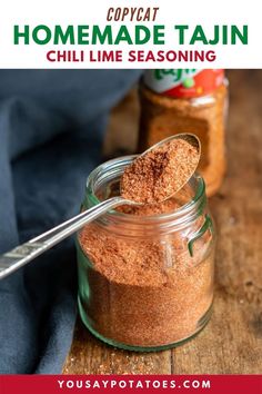 Spoon of homemade tajin seasoning resting on a jar. Chili Lime Salt Recipe, Homemade Tajin, Tajin Fruit, Tajin Seasoning, Tajin Recipes, Mexican Spice, Chicken Popcorn, Lime Seasoning, Homemade Dry Mixes