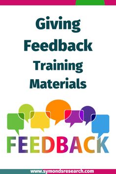 a poster with the words giving feedback training materials, and two speech bubbles in different colors