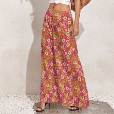 Wide Leg Pants, Retro Pants, Wide Leg Pants Women, 70s Style Pants,70s Inspired, Pink Wide Leg Pants, Floral Pants, Hippie Pants, Boho Pants Designed in California, Hand sewn overseas I designed this for those who loves the 70s boho hippie style. Super cute neon floral print. I am designing a matching top as well. Great for every day wear or at the beach or any fun parties. Pair it with platform chunky heels, for a super funky style. Hope you enjoy my designs. Material: Made of 100% polyester. S Vintage High Waist Non-stretch Pants, Vintage Non-stretch Wide Leg Pants, Vintage Non-stretch Bottoms For Spring, High Waist Hippie Pants For Spring, Retro Wide Leg Bottoms For Spring, Retro Wide Leg Pants For Spring, 70s Inspired High Waist Bottoms For Spring, Retro Non-stretch Trousers, Casual Wide Leg Pants With Retro Print