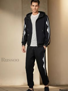 Russoo - Mens Classic Athletic Tracksuit Set: Full-Zip Sweatsuit with Long Sleeve Hoodie and Jogging Pants - Ideal for Gym, Workout, and Running Casual Black Hooded Set, Black Long Sleeve Tracksuit With Pockets, Black Hooded Tracksuit For Winter, Black Hooded Winter Tracksuit, Black Hooded Sportswear Set, Sporty Black Hooded Sets, Black Sportswear Sets For Winter, Black And White Color, Tracksuit Set