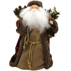 an old fashioned santa clause figurine with white hair and beard holding pine cones