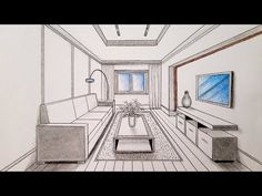 a drawing of a living room with couches, tables and a tv on the wall