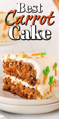 carrot cake with white frosting and green sprinkles on top that says best carrot cake