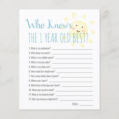 This cute "who knows the 1 year old best?" 1st/first birthday party game sheet features a white background with the smiling sun in watercolor. The reverse side features a white background with yellow stripes in watercolor. Personalize for your needs. You can find more matching products at my store. 1st Birthday Trivia, Would He Rather, First Birthday Activities, Sunshine Watercolor, 1st Birthday Games, 1st Birthday Party Games, First Birthday Game, Sunshine First Birthday, First Birthday Games