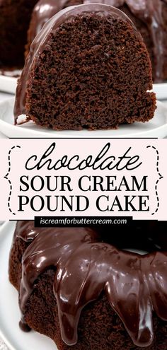 chocolate sour cream pound cake on a white plate