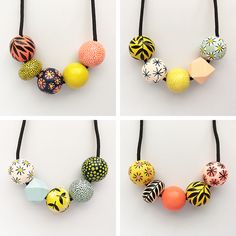 four different types of bead necklaces on black cord