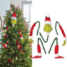 two christmas trees decorated with the grin's head and arms