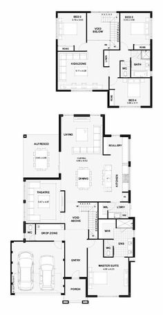 two story house plans with garages and living room in the middle of each floor