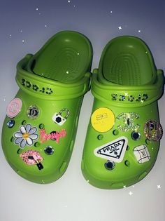 Purchase 6 or more charms and receive 20% off your total USE CODE CHARMS AT CHECKOUT FOR DISCOUNT Green Crocs With Charms, Green Crocs, Croc Decorations, Crocs Ideas, Gold Ideas