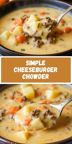 two pictures showing different types of cheeseburger chowder