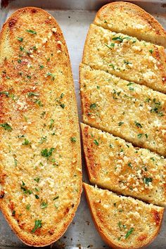 two pieces of bread that are on a pan