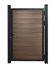 an open wooden door with black frame and brown slatted panels on the side