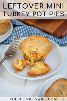 leftover mini turkey pot pies on a white plate with a fork next to it