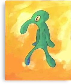 a green cartoon character walking across a yellow sky with clouds in the back ground poster