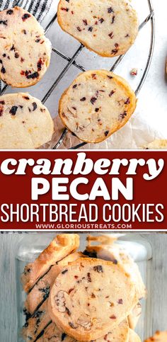 cranberry pecan shortbread cookies on a cooling rack with text overlay