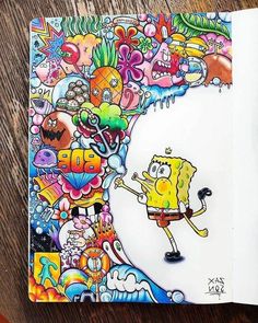 a book with an image of spongebob surrounded by other cartoon characters on it