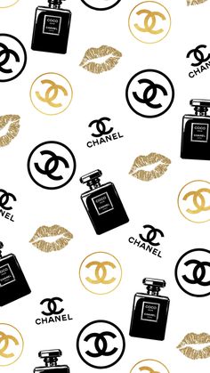 chanel perfumes and lipstick on a white background with gold glittered lips in the shape of circles