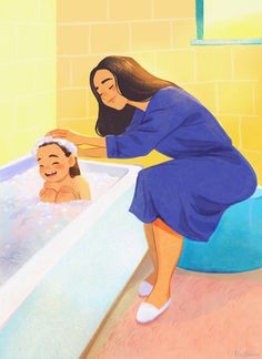 a painting of a woman washing a child in a bathtub