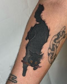 a black cat with yellow eyes is on the arm