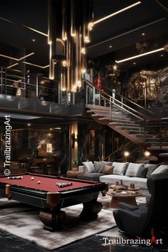 a pool table in the middle of a living room with stairs leading up to it