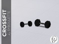 two black hex dumbbells sitting on top of a white tile floor next to each other