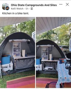 two pictures of a tent with the kitchen in it, and one has a blue cooler