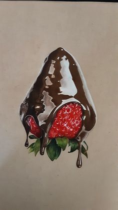 Strawberry with chocolate Drawing Chocolate, Strawberry With Chocolate, Chocolate Drawing, Hyperrealistic Drawing, Strawberry Drawing, Desserts Drawing, Strawberry Art, Ice Cream Art