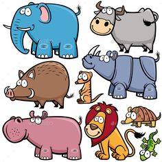 cartoon animals with different colors and sizes are shown in this image, including rhinos, hip