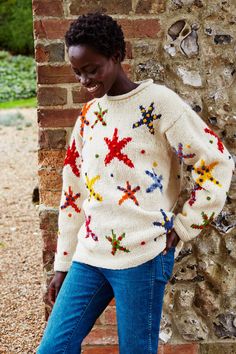 Women's Starfish Sweater - Individually hand knitted wool oversized jumper. Chunky knit sloppy joe pullover. Colourful french knots. Fair Trade & Handmade in Nepal A feast for the eyes. A bright starfish design with multicoloured french knots. An aquatic delight sure to bring cheer. This design is a revival of our vintage Star Fish Sweater.  100% Wool Unlined Knitted by Hand Dry clean - delicate Ladieswear S to fit UK size 8-10. US size 4-6 M to fit UK size 12-14. US size 8-10 L to fit UK size 16-18. US size 12-14 As our garments are handmade we do experience variation in sizing, so to ensure the best fit any information you can give us about the size of the person who the garment is for will be used by us to select the best individual fit we can. Hand Knitted Jumpers, Knitting Group, Spring Knits, Sloppy Joe, Star Embroidery, Oversized Jumper, Sea Theme, Oversized Pullover, Ethical Clothing