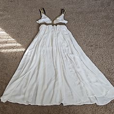 Beautiful Flowy Halter Dress! Size Large With Elastic Waist. Full Length Is About 61.5 Inches. Two Front Slits Up To The Waist But They Overlap So You Expose As Much Leg As You Want. White Empire Waist Maxi Dress For Party, Goddess Dress, High Waist Dress, Waist Dress, Dance Costumes, Halter Dress, Elastic Waist, Full Length, High Waist