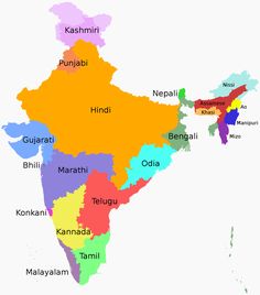 the map of india with all states and their respective country names in bright orange, blue, green, yellow, red