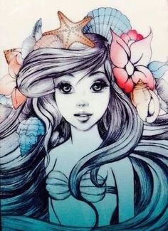 a drawing of a girl with long hair and seashells on her head, wearing a tiara