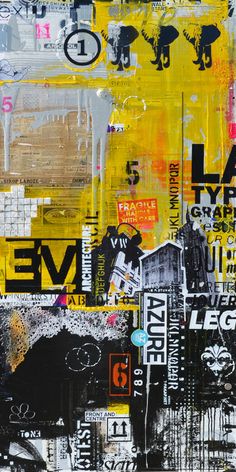 an abstract painting with black, yellow and white colors on it's surface that has words all over it