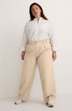 Made of a drapey Tencel® lyocell, cotton and linen blend, these straight-leg pants have sailor-inspired button tabs at the pleated high waist. A cool pick for your back-in-the-office needs. 30" inseam, 22" leg opening, 13" front rise, 19" back rise (size 16w)   48% Tencel lyocell, 33% cotton, 19% linen   Tencel lyocell is a sustainably produced fiber made with closed-loop processing   Machine wash, tumble dry   Imported Cotton Bottoms With Button Closure For Daywear, High Waist Cotton Chinos For Business Casual, Relaxed Fit Pants With Button Closure For Daywear, Spring Relaxed Fit Chinos With Button Closure, Classic Cotton Wide Leg Pants With Button Closure, Classic Wide Leg Cotton Pants With Button Closure, Wide Leg Pants With Buttons For Daywear, High Waist Wide Leg Pants With Button Closure, High Waist Cotton Wide Leg Pants For Daywear