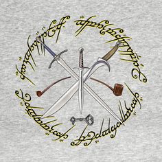 two swords are in the middle of a circle with words on it and some writing around them