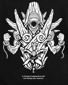 a black and white poster with an image of a demon holding two swords in his hands