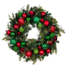 a green and red christmas wreath with ornaments on it's sides, isolated against a white background