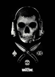 a skull wearing headphones with two crossed swords in front of it and the words warzone written below