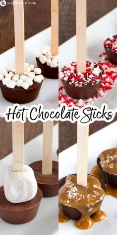 chocolate on sticks 4 ways- mini marshmallows, peppermint, jumbo marshmallow, and salted caramel Hot Chocolate Sticks, Hot Chocolate On A Stick, Easy Hot Chocolate, Mini Cupcake Pan, Hot Chocolate Bar, Chocolate Sticks, Delicious Hot Chocolate, Ganache Recipe, Best Christmas Recipes