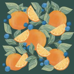 oranges and blueberries with leaves on a dark green background art print by artist michael miller