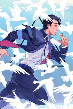 a man in a suit and tie running with white birds flying around him on a blue sky background